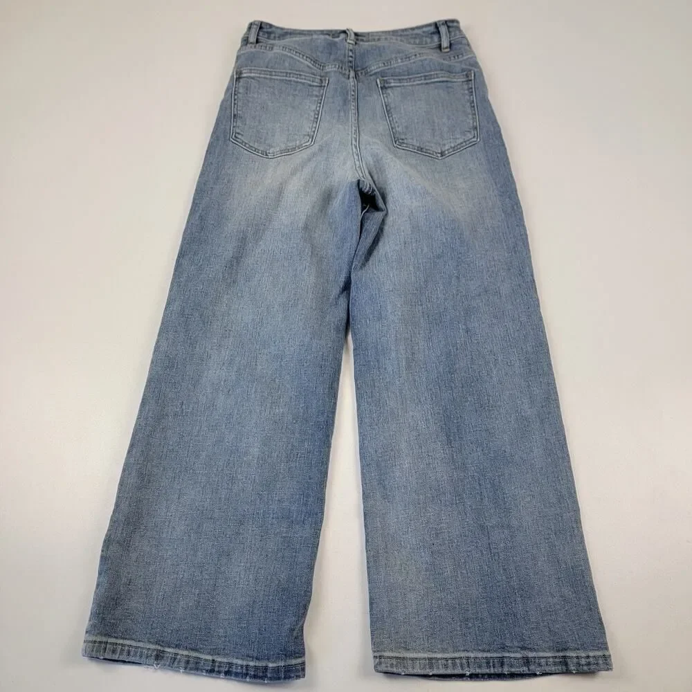Free People High Rise Wide Leg Blue Denim Floral Jeans Sz 27 Embroidered Boho - Picture 5 of 11